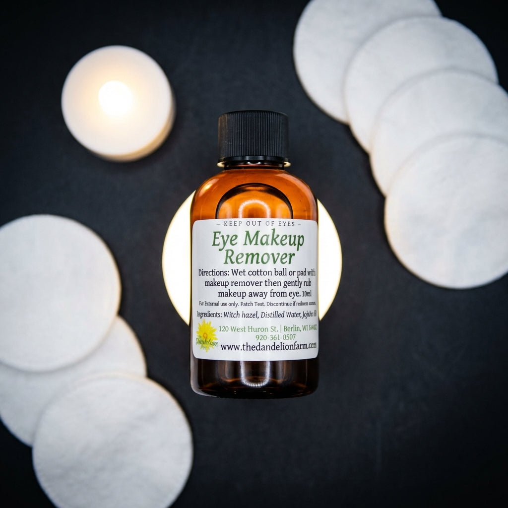 An overhead shot of the Eye Makeup Remover set against a high-contrast dark matte background to create a dramatic and sophisticated aesthetic. The product’s clear, ergonomic bottle is illuminated with a rim light that curves around its contours, emphasizin