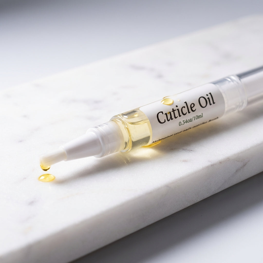 Capture a close-up shot of a sleek, transparent glass bottle of Cuticle Oil placed on a minimalist white marble surface under softbox studio lighting. The focus is sharp on the dropper tip with a few drops of oil on the glass, showcasing the golden hue and