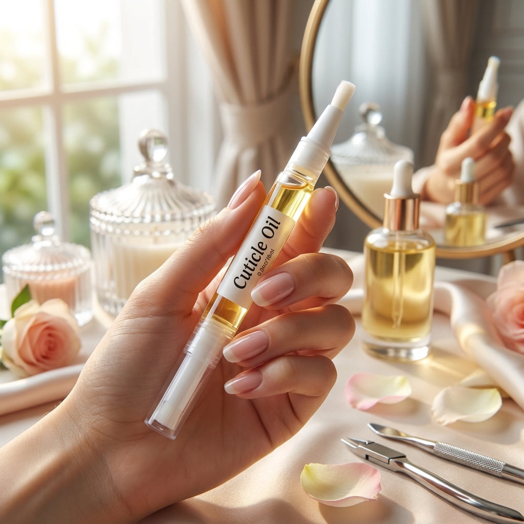 Create a luxurious lifestyle scene featuring a hand with well-manicured nails holding the bottle of Cuticle Oil against a blurred, elegant vanity background. The scene is illuminated with diffused daylight through a large window, providing natural, soft li