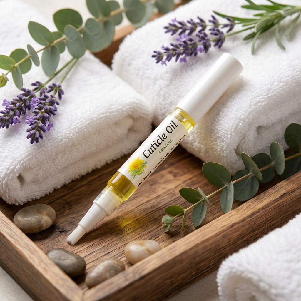 Showcase the Cuticle Oil resting atop an aromatic spa setting, with a wooden tray, plush towels, and sprigs of lavender and eucalyptus. Use diffused HDR studio lighting to evenly light the scene, emphasizing the rich color and smooth, glossy texture of the
