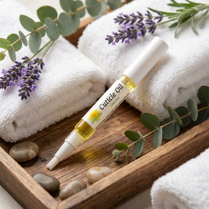 Showcase the Cuticle Oil resting atop an aromatic spa setting, with a wooden tray, plush towels, and sprigs of lavender and eucalyptus. Use diffused HDR studio lighting to evenly light the scene, emphasizing the rich color and smooth, glossy texture of the