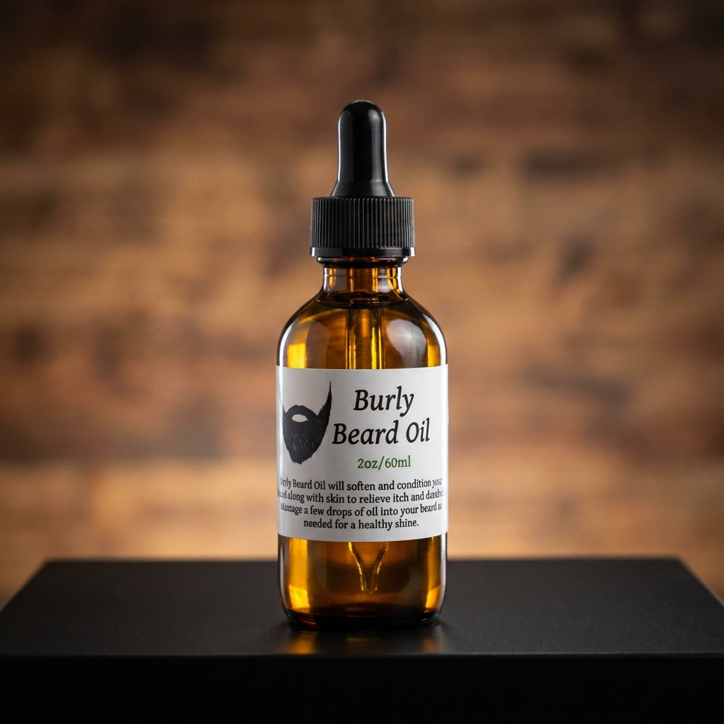 A highly detailed product shot of 'Burly Beard Oil' on a sleek black matte surface, illuminated by softbox lighting that highlights the rich golden hue of the oil in a transparent glass dropper bottle. The background is a blurred, warm-toned wooden texture