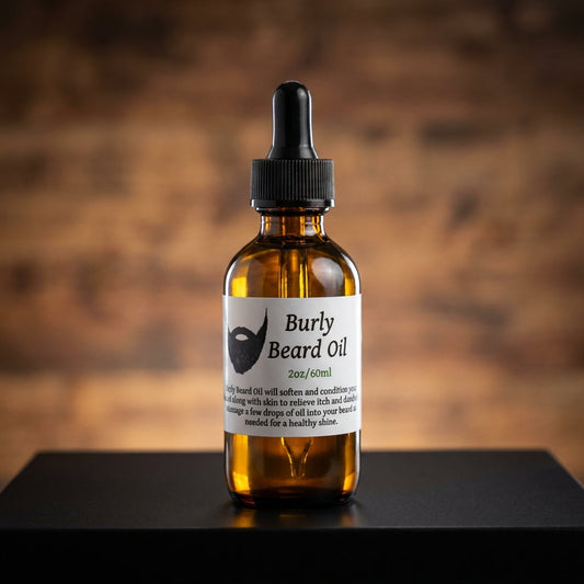 A highly detailed product shot of 'Burly Beard Oil' on a sleek black matte surface, illuminated by softbox lighting that highlights the rich golden hue of the oil in a transparent glass dropper bottle. The background is a blurred, warm-toned wooden texture