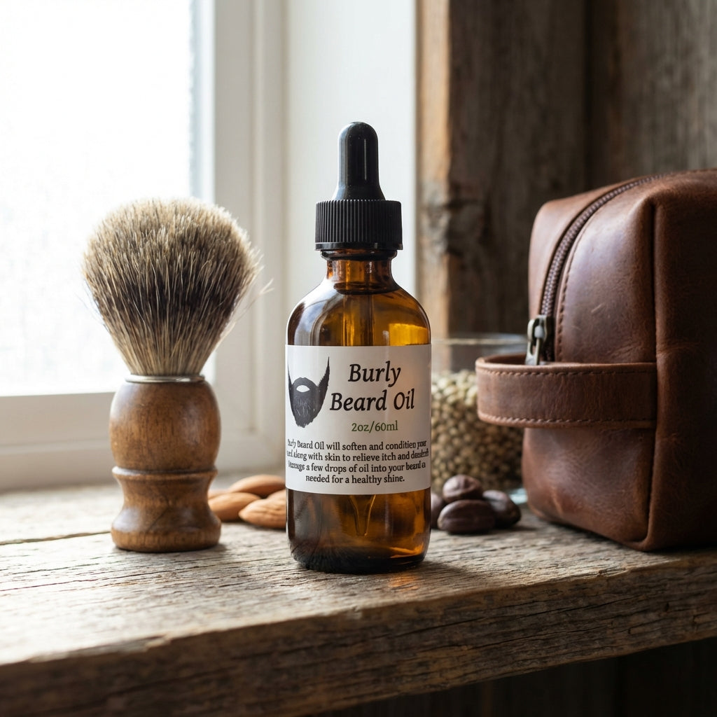 A lifestyle scene featuring 'Burly Beard Oil' placed on a rustic wooden bathroom shelf, surrounded by grooming accessories like a vintage shaving brush and a leather toiletry bag. Bright, diffused daylight filters through a nearby window, casting soft shad