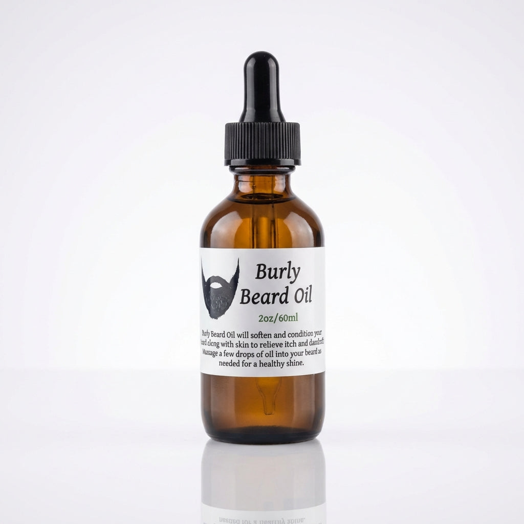Elegant studio shot of 'Burly Beard Oil' standing upright on a reflective surface, illuminated by high-key HDR studio lights that produce soft, even lighting across the entire scene. The backdrop is a seamless white gradient, emphasizing clarity and purity
