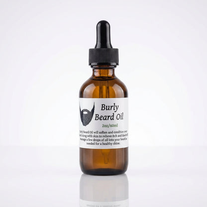 Elegant studio shot of 'Burly Beard Oil' standing upright on a reflective surface, illuminated by high-key HDR studio lights that produce soft, even lighting across the entire scene. The backdrop is a seamless white gradient, emphasizing clarity and purity
