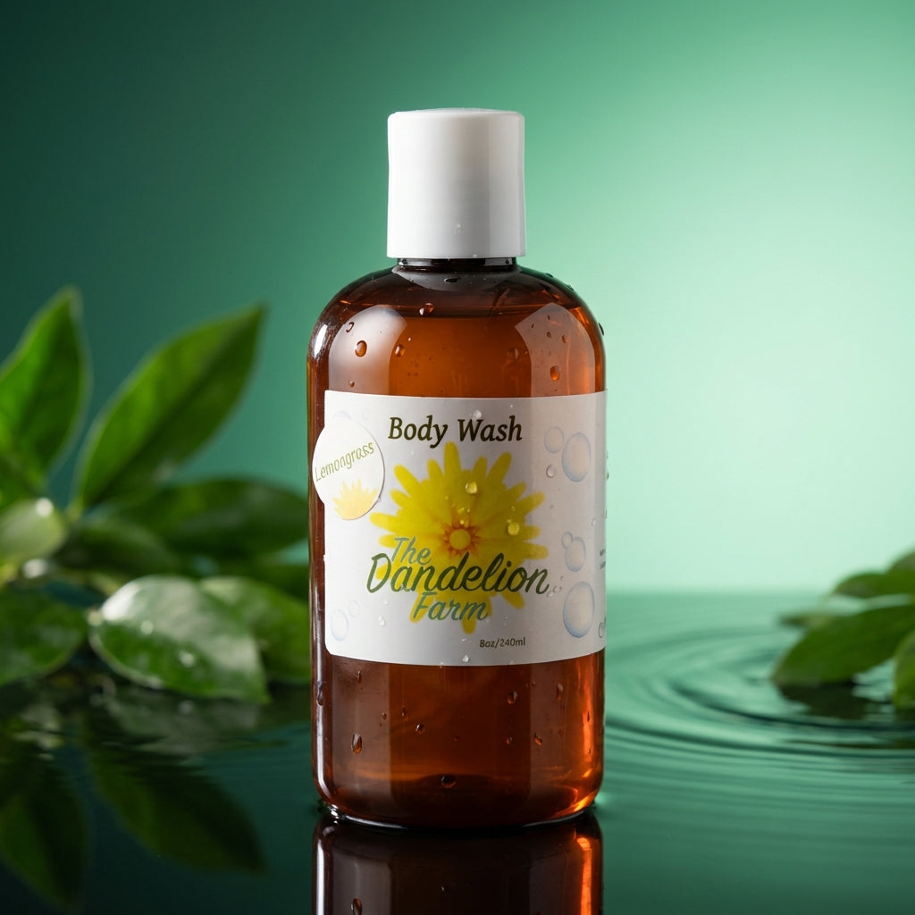 A high-resolution, studio-shot image of the 'Body Wash' bottle placed on a sleek, reflective black surface, illuminated by softbox lighting to emphasize its smooth, transparent container highlighting the natural liquid inside. The background features a gra