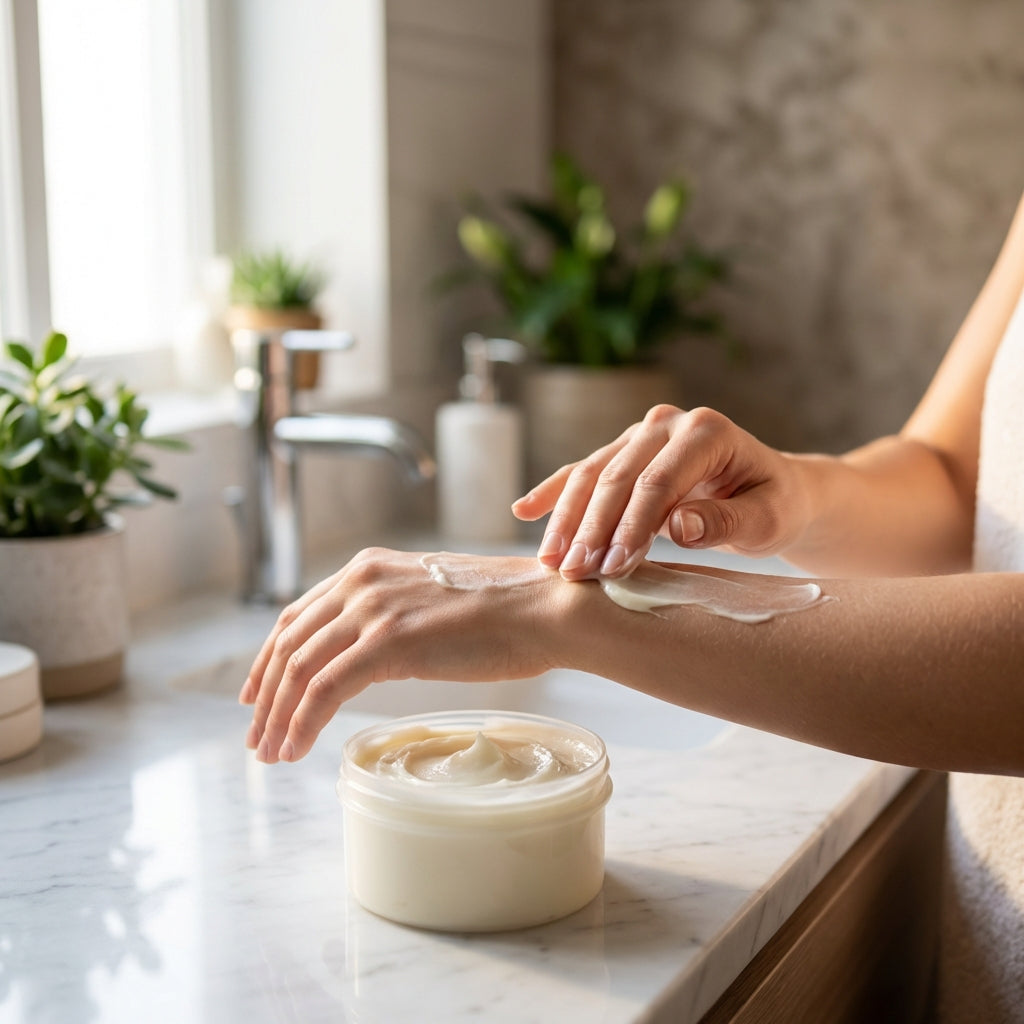 A lifestyle scene featuring a model in a modern, minimalist bathroom, sitting on a marble countertop with soft natural daylight streaming in. She’s gently applying the body butter to her arms, with the creamy texture visibly melting into her skin. The came