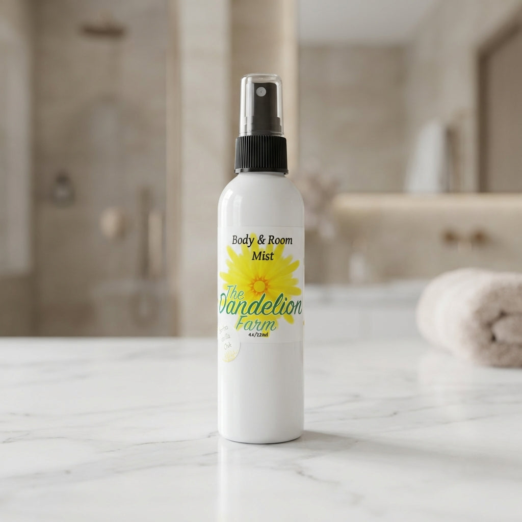 Capture a premium product shot of the 'Body & Room Mist' set against a sophisticated, softly blurred luxury bathroom background. Use a softbox lighting setup to create gentle, even illumination that highlights the reflective glass bottle with a sleek, mini