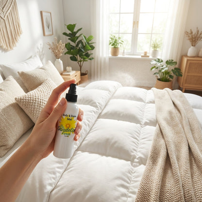 Create a lifestyle scene featuring the 'Body & Room Mist' in a bright, airy bedroom setting. Use natural diffused daylight to illuminate the scene, with the spray bottle held delicately in a hand, about to spritz onto a plush white duvet. Use a wide-angle 