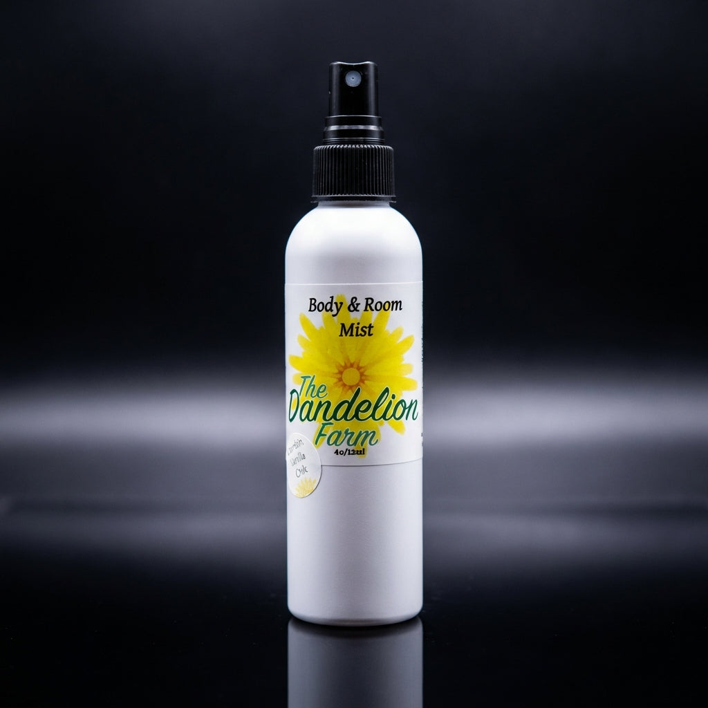 Present a dramatic product display of the 'Body & Room Mist' in a clean, modern retail environment. Use HDR studio lighting with high contrast to accentuate the sleek profile and textured surface of the dark-colored matte bottle standing tall on a reflecti