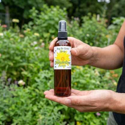 A vibrant lifestyle scene featuring a person outdoors during daytime, holding the 'Bug Be Gone Spray' in front of a lush green garden backdrop. The subject is captured in a mid-shot with a slight angle, using natural diffused daylight to highlight the spra