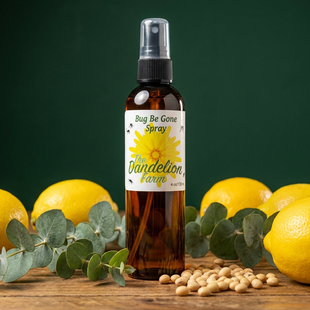 A stylized studio shot of the 'Bug Be Gone Spray' perched on a textured wooden table, with direct HDR studio lighting to create crisp reflections and highlight the transparency and vibrant colors of the labels. Surrounding the bottle are scattered fresh le