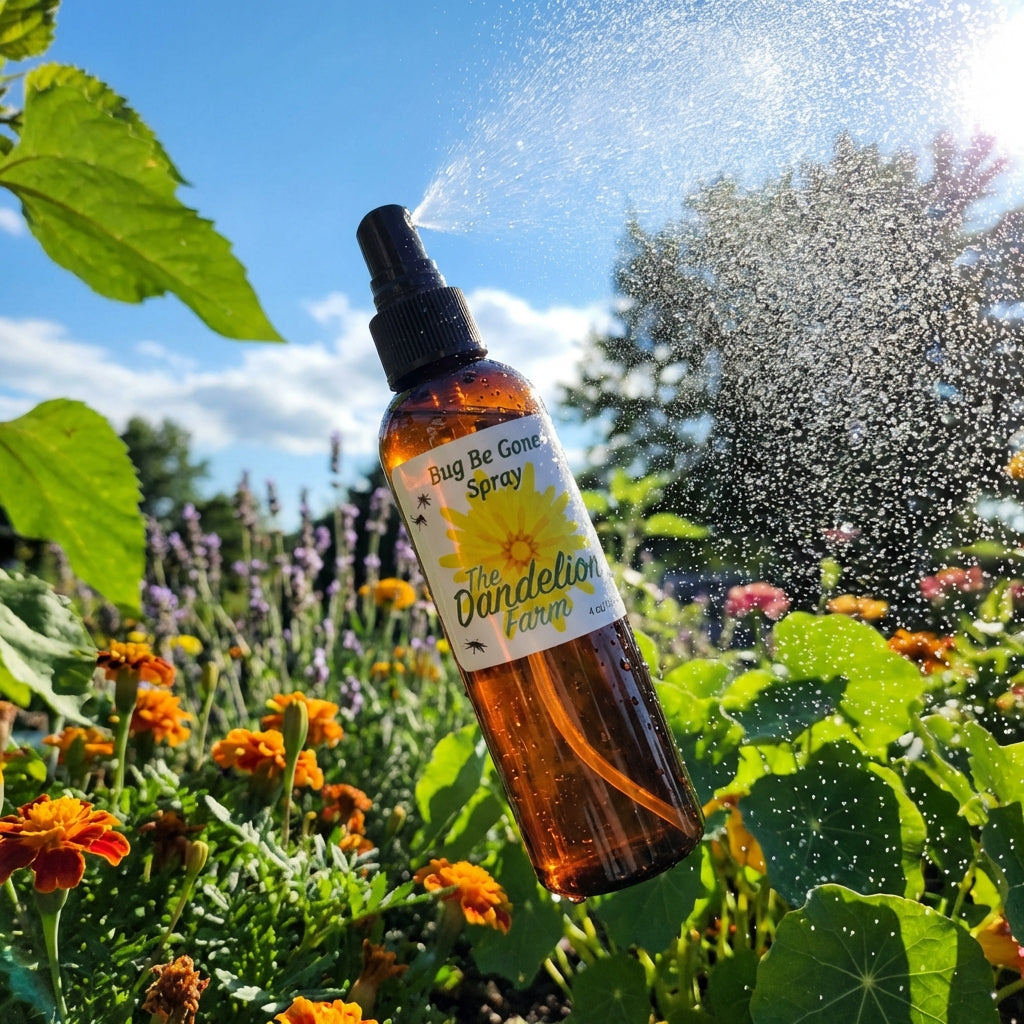 A dynamic action shot depicting the 'Bug Be Gone Spray' being spritzed in a bright outdoor garden setting. The camera is positioned at a slight angle, using a 24mm wide-angle lens to include vibrant greenery, blooming flowers, and a clear blue sky in the b