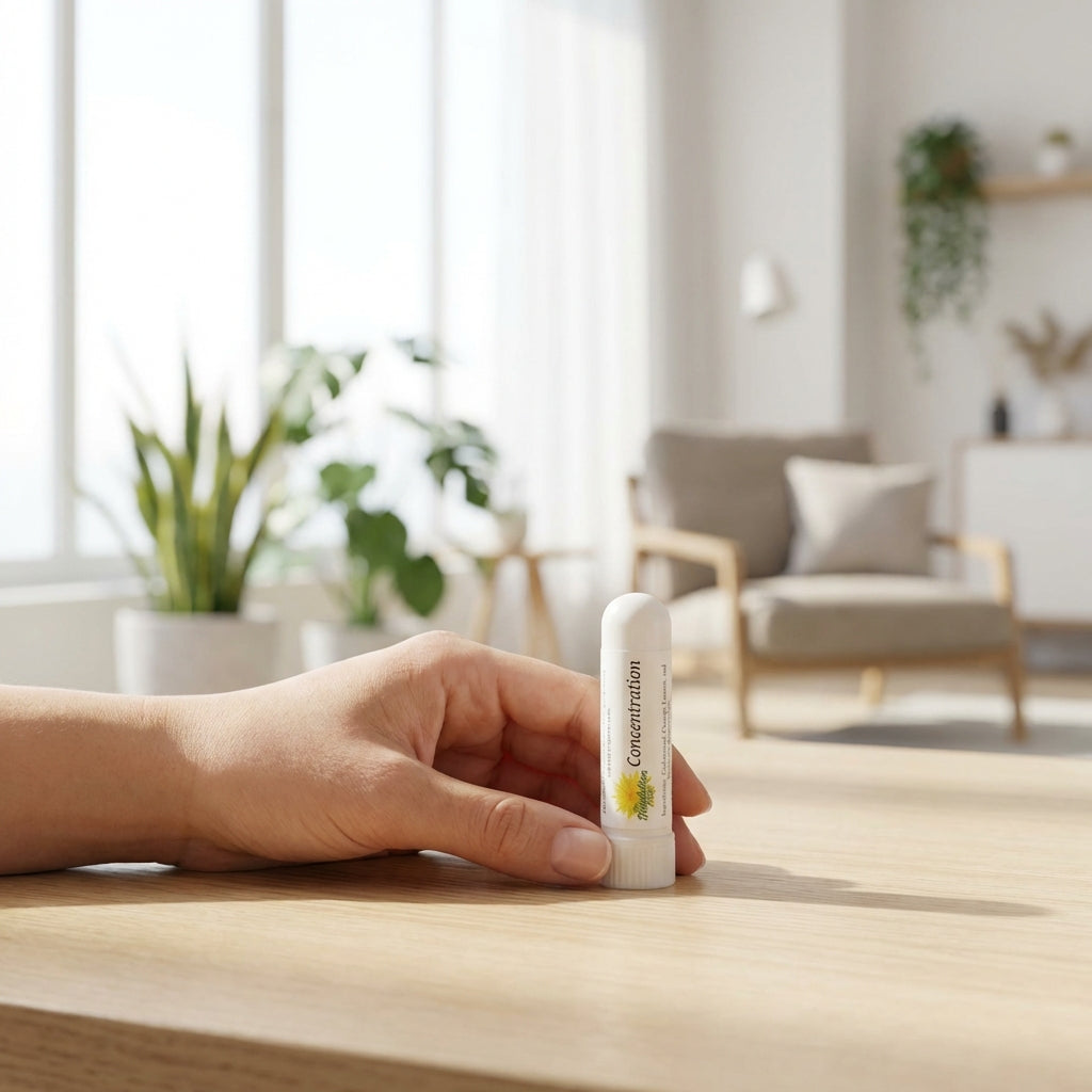 Design a lifestyle scene featuring the Aroma Sticks inhaler held delicately by a relaxed individual in a bright, airy environment. Capture the scene with a 50mm lens at eye-level, using diffused daylight for natural, even illumination that highlights the p