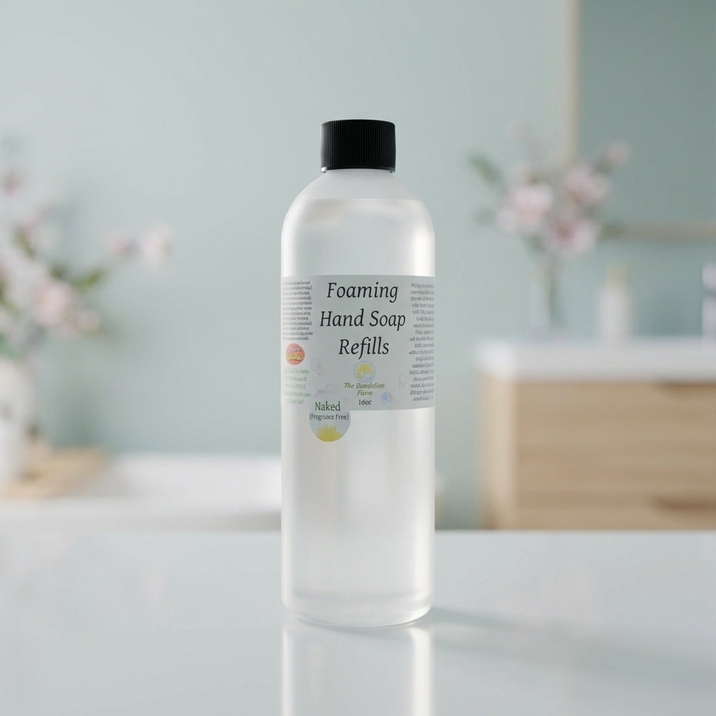 Create a high-resolution image of a sleek, modern foaming soap refill bottle positioned prominently in a minimalist bathroom setting. Utilize softbox lighting to highlight the smooth, translucent plastic with a subtle frosted finish that reflects light gen