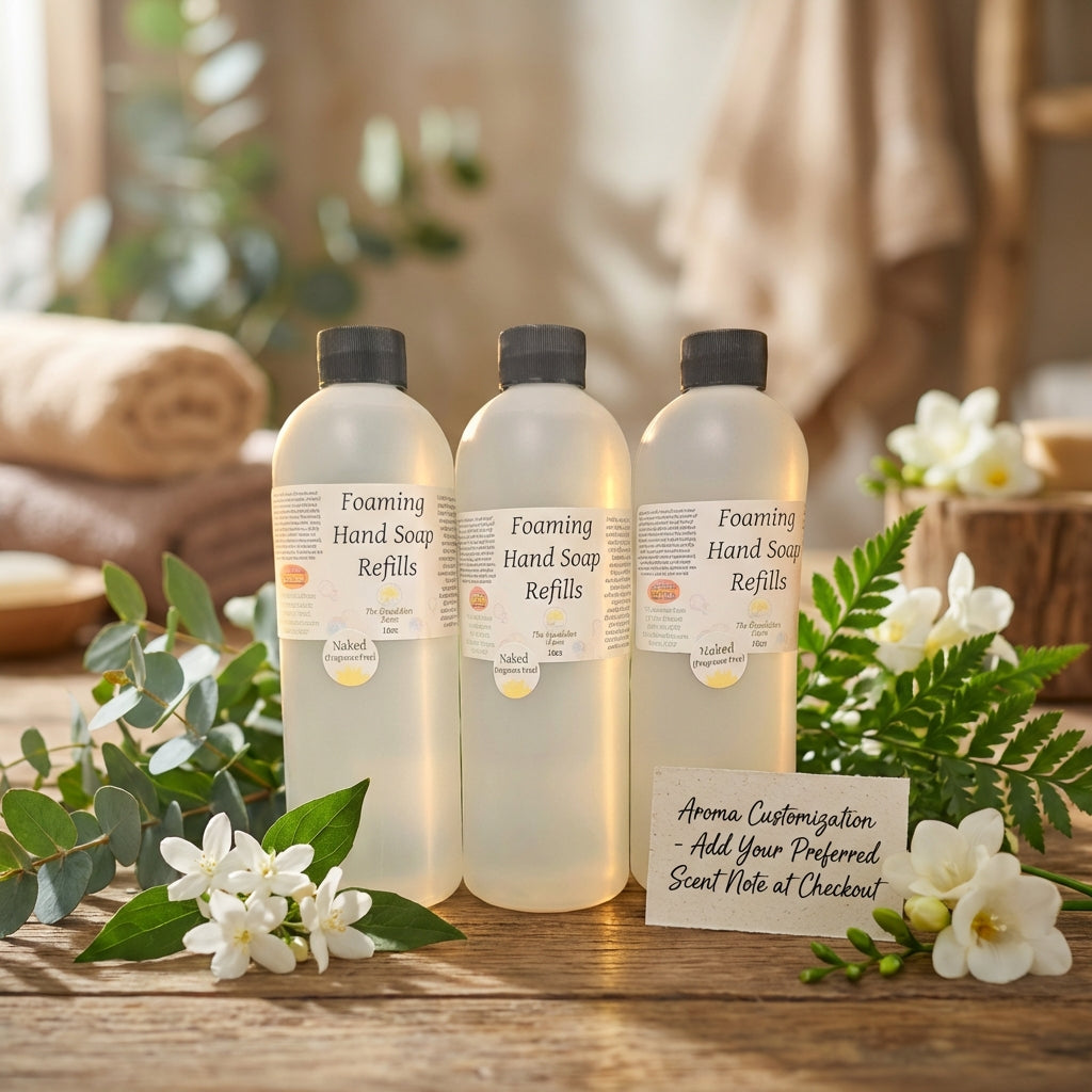 Set the foaming soap refill in an elegant, spa-inspired environment, placed on a rustic wooden table with lush greenery and delicate white flowers surrounding it. Use a combination of rim lighting and diffused daylight to enhance the warm, inviting mood of