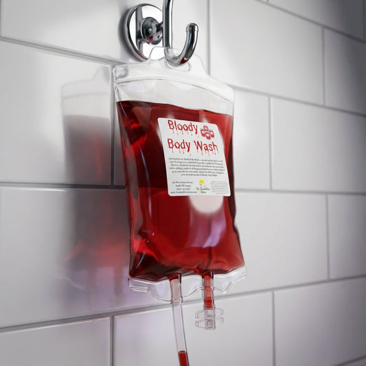 A high-resolution studio shot of the Bloody Body Wash Bag hanging elegantly in a sleek, modern bathroom setting. The scene is illuminated with softbox lighting to emphasize the realistic IV bag appearance, highlighting the transparent, slightly tinted, glo