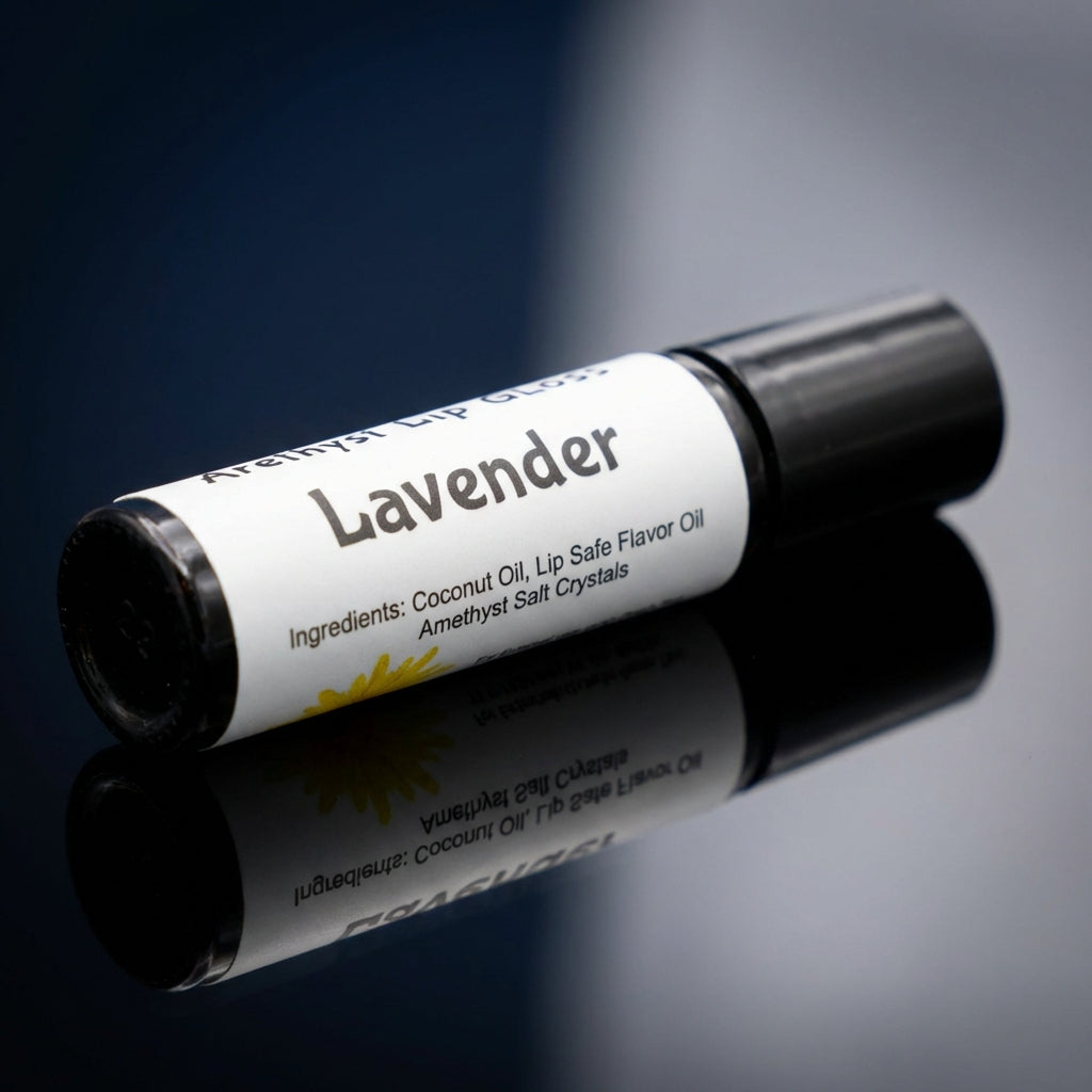 A high-resolution close-up shot of an Aroma Roller placed on a sleek, reflective black surface under softbox lighting that highlights the smooth, matte texture of the sleek plastic container. The background is a gradient from deep navy to soft gray, creati