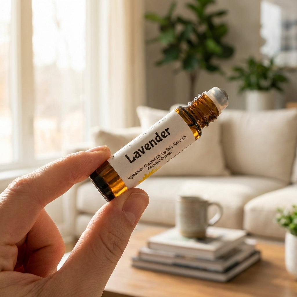 A professionally styled lifestyle scene featuring an Aroma Roller held delicately between fingers in a cozy, modern living room setting. The scene is illuminated with warm, diffused daylight through a large window, creating a welcoming and calming ambiance