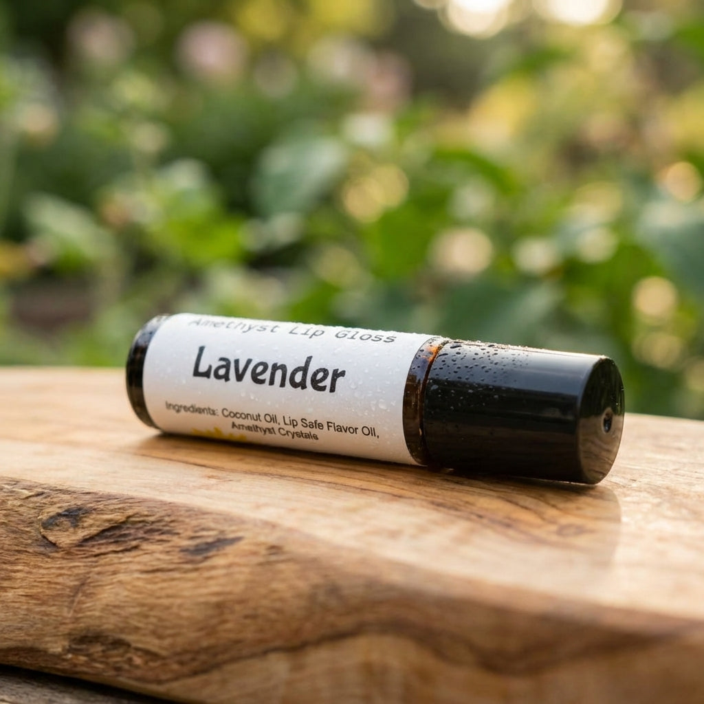 An artistic, macro shot of the Aroma Roller resting on a natural wooden surface with an out-of-focus lush garden in the background. The scene is illuminated with soft, natural light to enhance the warm, organic tones of the wood and the product's smooth, c