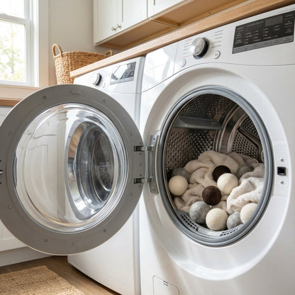 A lifestyle scene featuring a modern laundry room with a front-loading washing machine and open dryer door. The wool dryer balls are placed attractively inside the dryer drum, captured with a wide-angle lens in a well-lit, natural daylight setting. The cam