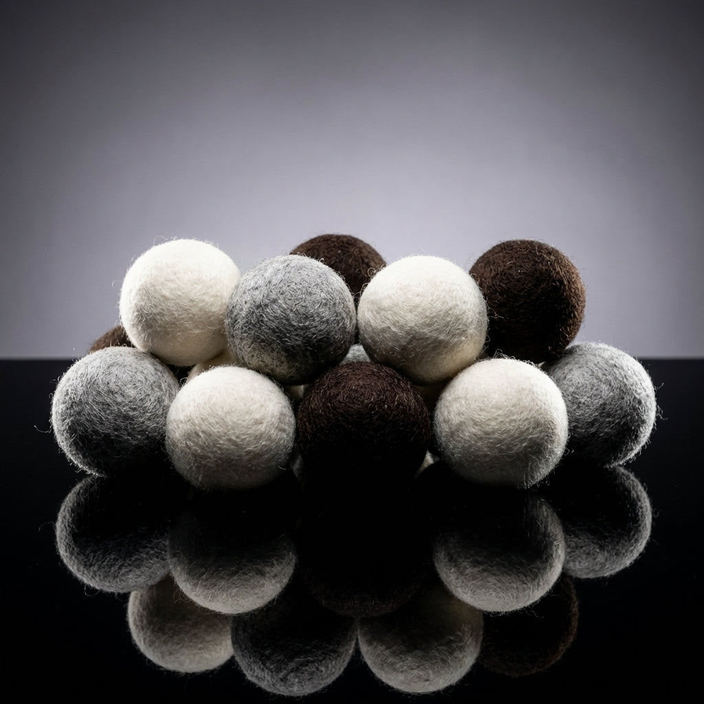 A high-contrast, studio-lit product display with multiple wool dryer balls arranged artistically on a reflective black surface, shot with a 50mm lens to create a slightly compressed perspective. Use rim lighting to accentuate the spherical shape and textur
