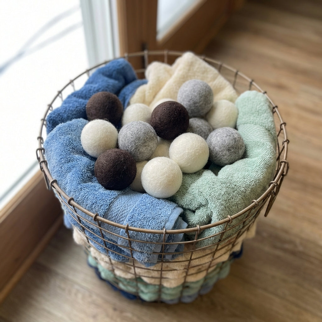 An overhead shot of a laundry basket filled with soft, colorful towels and garments, with several wool dryer balls strategically placed on top. The scene is lit with diffused daylight from a large window, creating soft shadows and a gentle, inviting atmosp