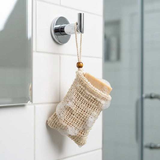 A lifestyle scene showing the Sisal Soap Saver Pouch hanging from a sleek, modern chrome hook mounted inside a contemporary bathroom. The setting is illuminated by HDR studio lighting, revealing the natural fibers’ fibrous texture and slight variations in 