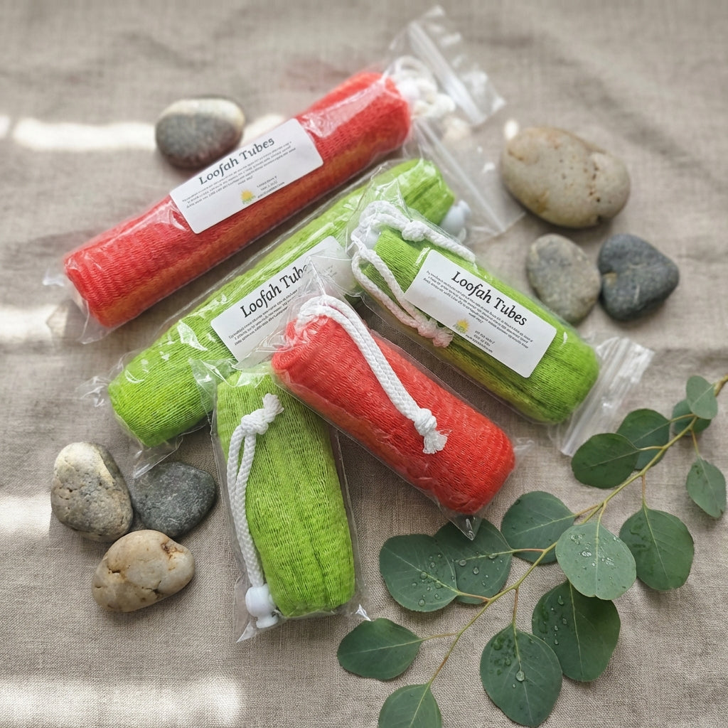 An artistic, flat-lay view of the Loofah Tubes scattered gently across a linen cloth with soft, diffuse horizontal lighting that enhances the organic, fibrous quality of the loofah material. The scene is styled on a neutral-toned background with natural el