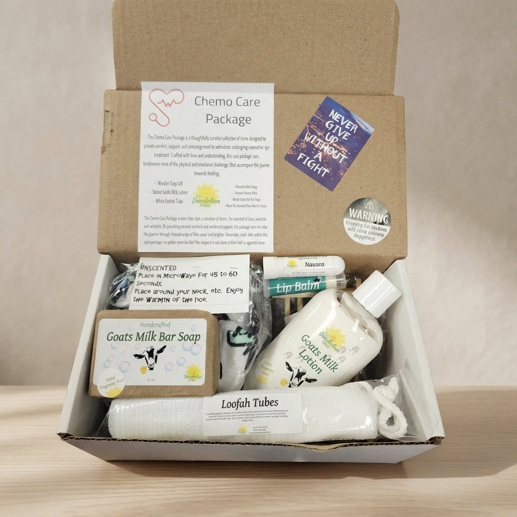 A compassionate, high-end product shot of the 'Chemo Care Package' arranged on a pristine, softly lit table in a modern, minimalist studio. The scene features a beautifully crafted wooden box with a matte finish, open to reveal neatly organized items—Goat’