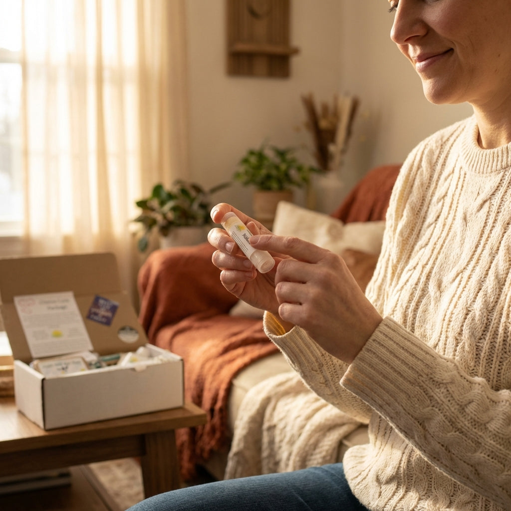 A warm, intimate lifestyle scene depicting a caring moment with a woman seated comfortably in a softly lit, cozy living room, holding a 'Naked' Lip Balm in her hand. The focus is on natural, gentle daylight streaming through sheer curtains, illuminating he