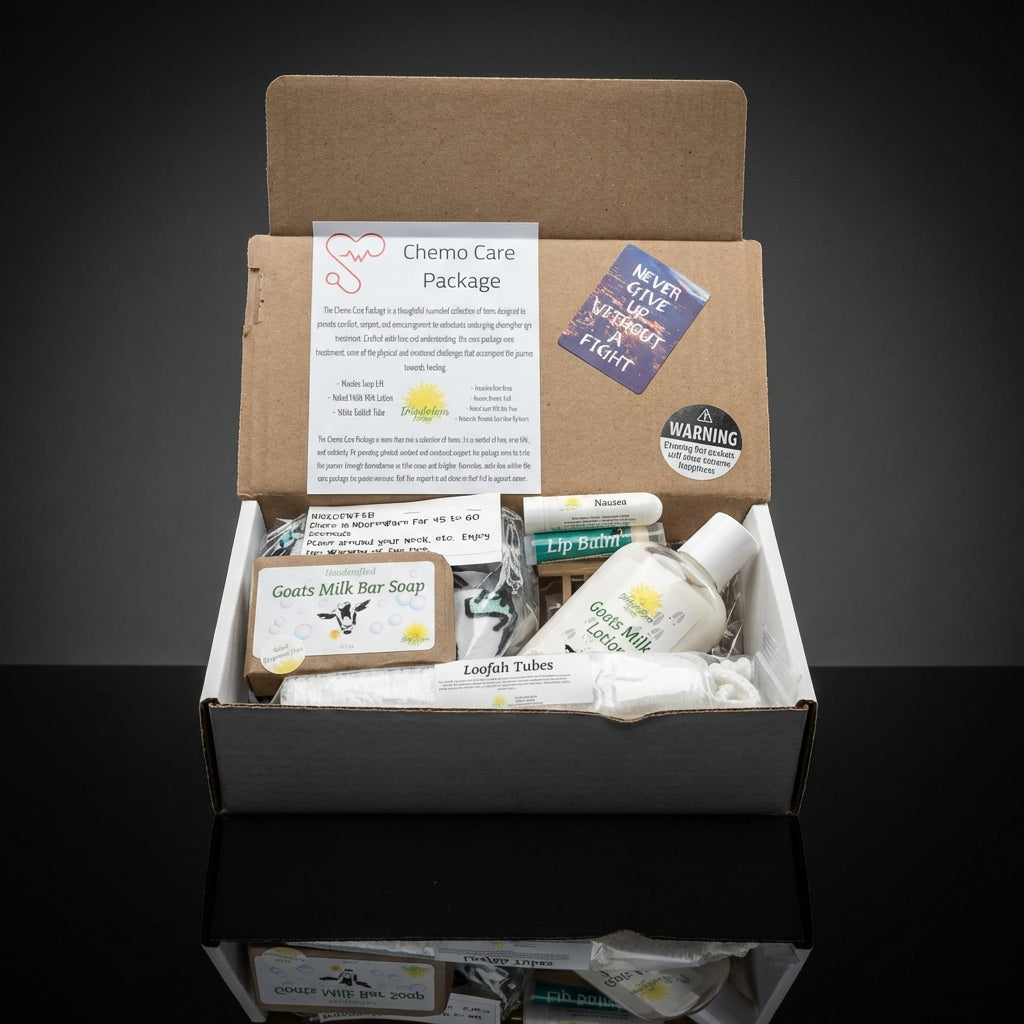 A dramatic, high-contrast studio shot of the 'Chemo Care Package' featuring the unopened box placed on a reflective black surface to create striking reflections and outline clarity. Employing a HDR studio lighting setup with rim lights and soft fill lights
