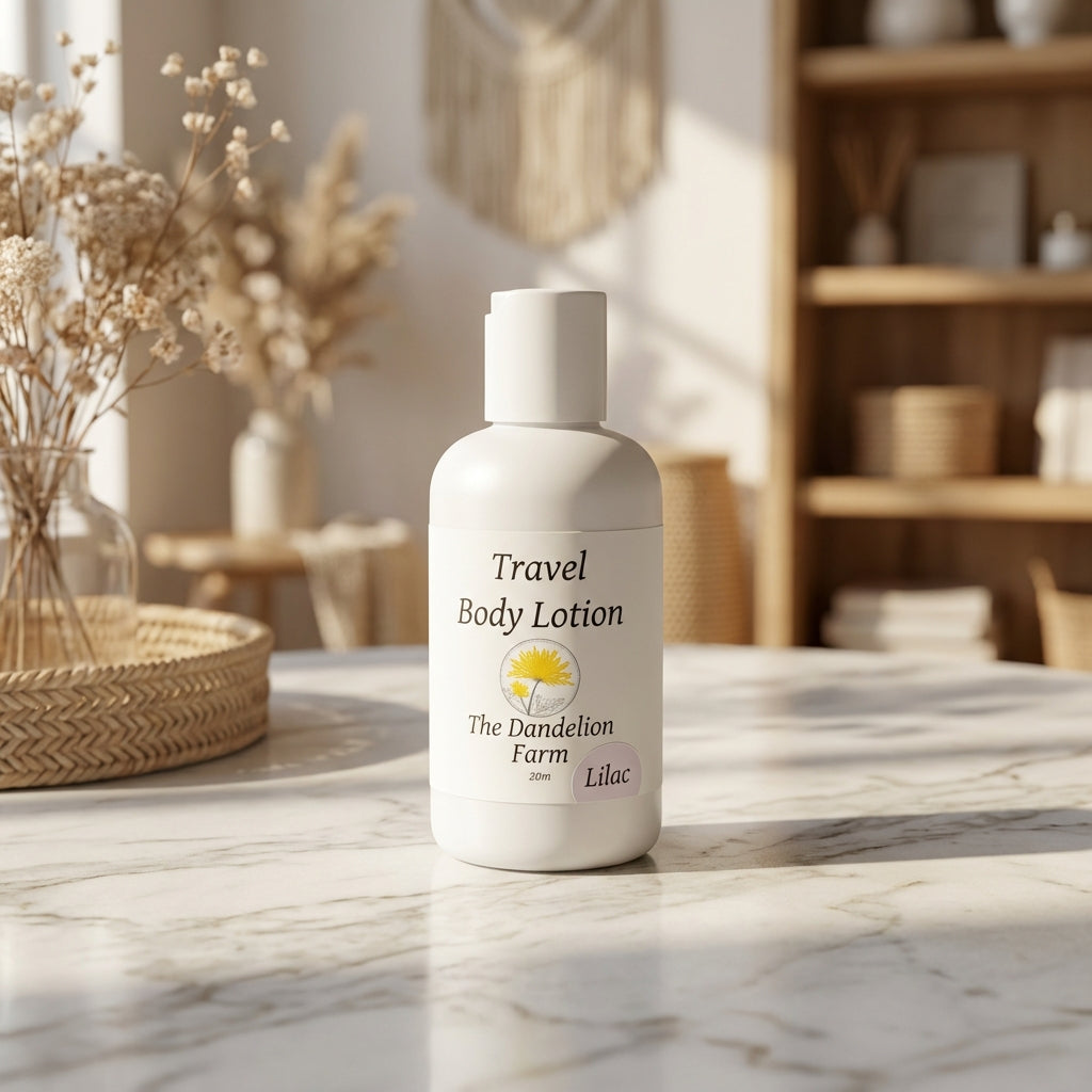 Luxurious Travel Body Lotion on textured marble surface with soft lighting highlighting sleek matte finish in Cozy boutique setting.