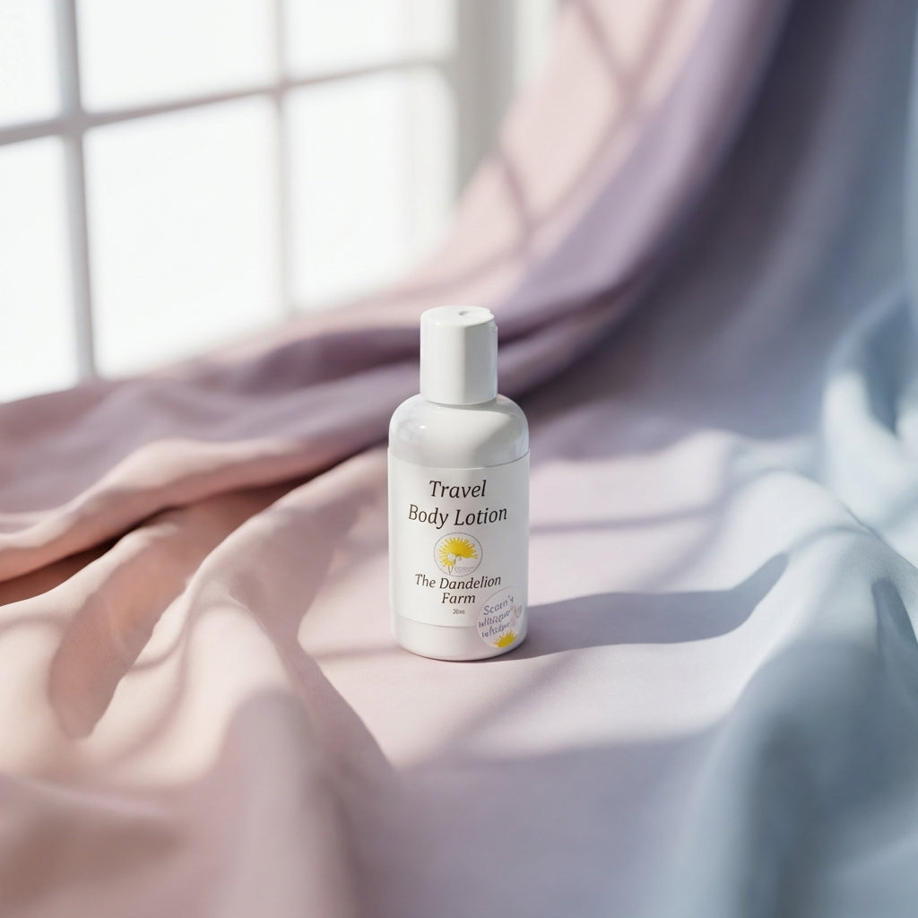 Minimalist Travel Body Lotion against pastel fabric backdrop with natural window light creating delicate shadow patterns.