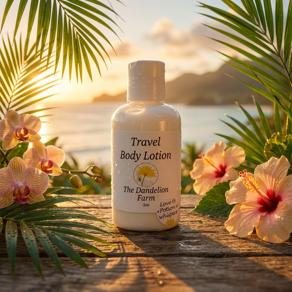 Travel Body Lotion outdoors at golden hour on wooden surface, surrounded by botanicals and tropical foliage evoking exotic freshness.