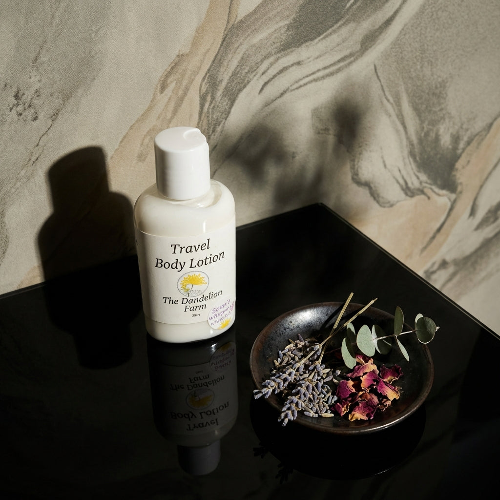 Chic spa scene with Travel Body Lotion on glossy black surface, dramatic lighting emphasizing elegant silhouette with subtle decor accents.