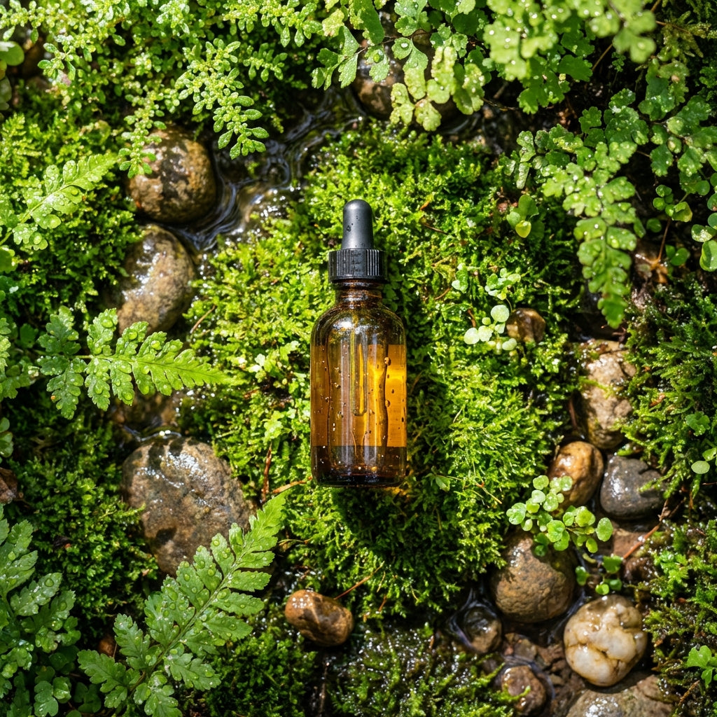 Miniature castor oil bottle amidst garden plants and dewdrops, vibrant natural light and wide-angle shot highlight natural wellness.