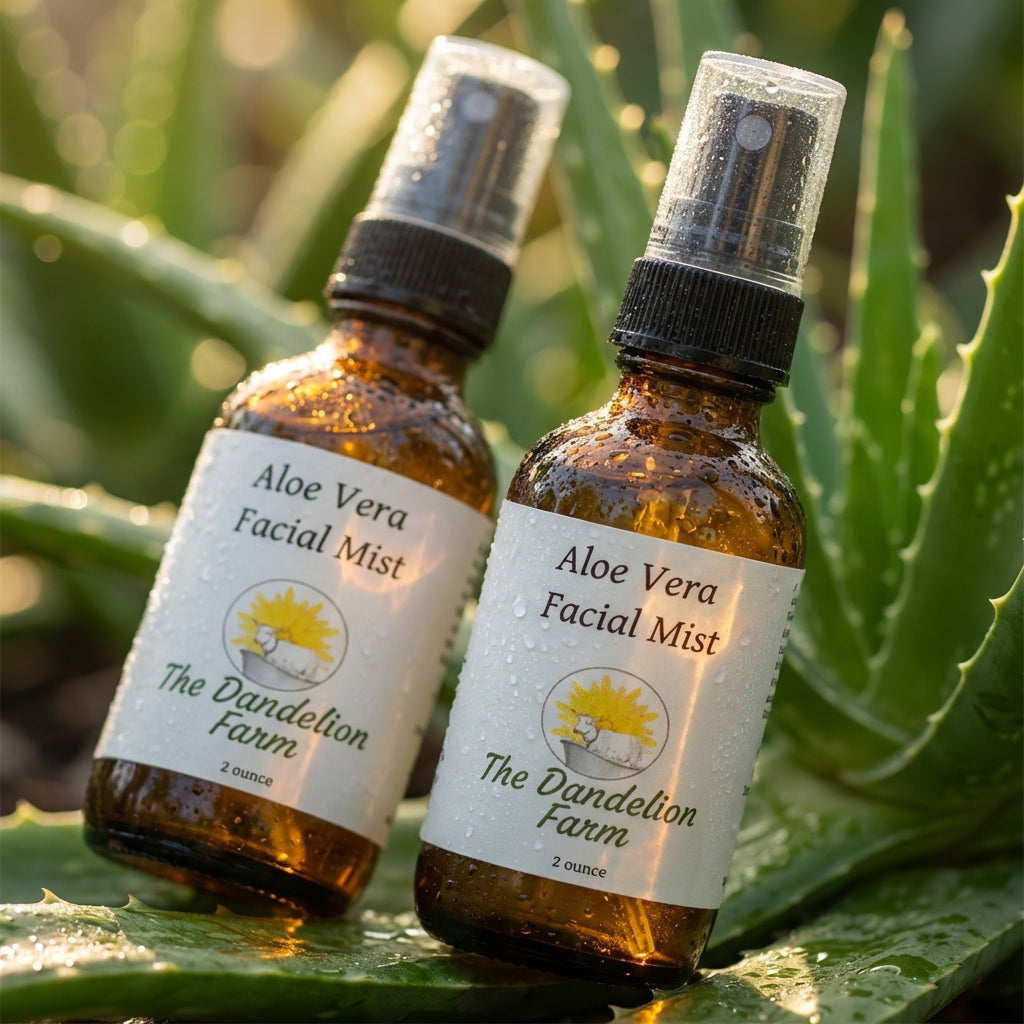 Close-up of Aloe Vera Facial Mist in a sleek glass spray bottle against a lush aloe vera backdrop with soft, natural lighting.