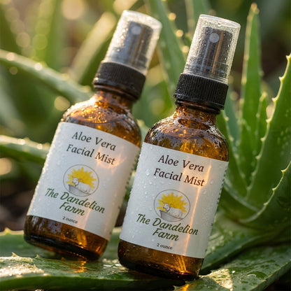 Close-up of Aloe Vera Facial Mist in a sleek glass spray bottle against a lush aloe vera backdrop with soft, natural lighting.