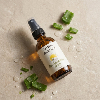 Aloe Vera Facial Mist on a textured stone surface, surrounded by crushed aloe vera leaves and water droplets in a minimalist studio setting.