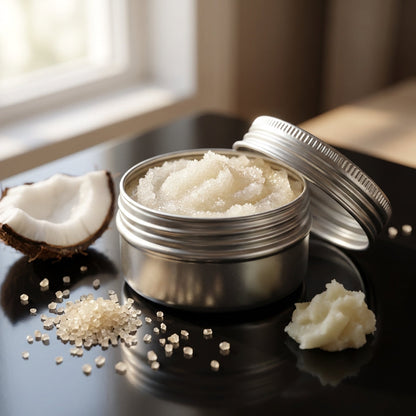 Miniature sugar lip scrub in frosted glass jar with peppermint oil droplets, surrounded by raw sugar crystals, coconut piece, and shea butter on black surface.