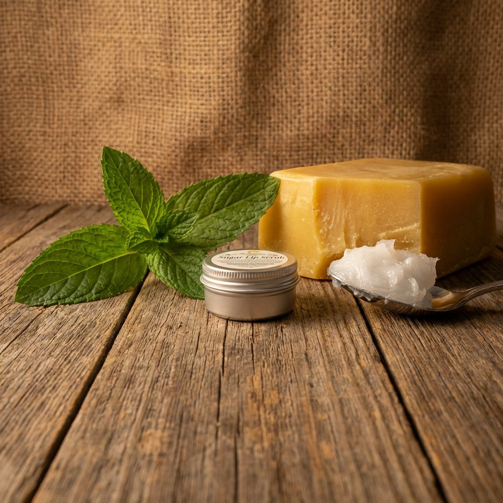 Small sugar lip scrub jar on rustic wooden table, accompanied by peppermint leaf, beeswax, and coconut oil, with burlap backdrop for a cozy feel.