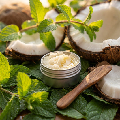 Small sugar lip scrub jar on peppermint and coconut scene, with warm sunlight, surrounded by fresh leaves, shells, and a wooden spatula, with soft focus.