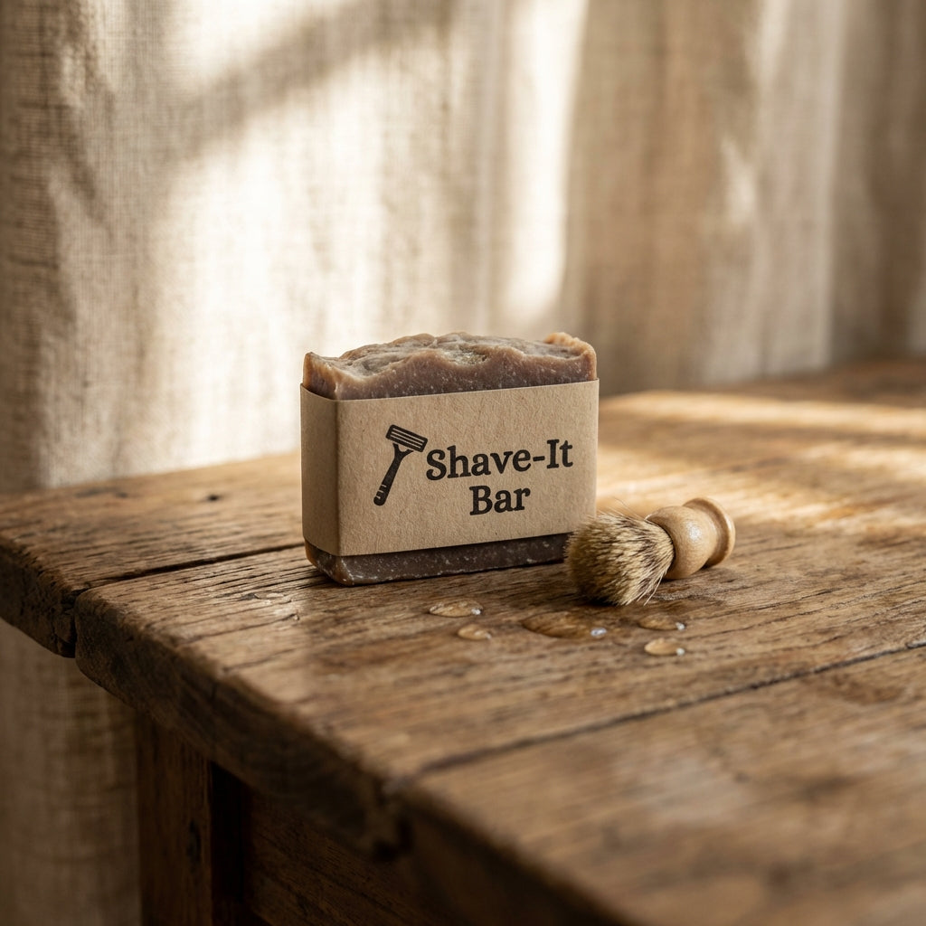Small Shave-It Bar on rustic wood, surrounded by a tiny brush and water droplets, emphasizing nourishing ingredients in warm natural light.