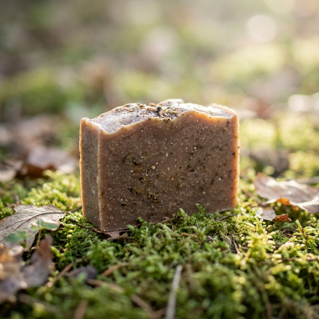 Close-up of tiny Shave-It Bar on moss and leaves, illuminated softly to highlight natural ingredients in an earthy, tranquil setting.