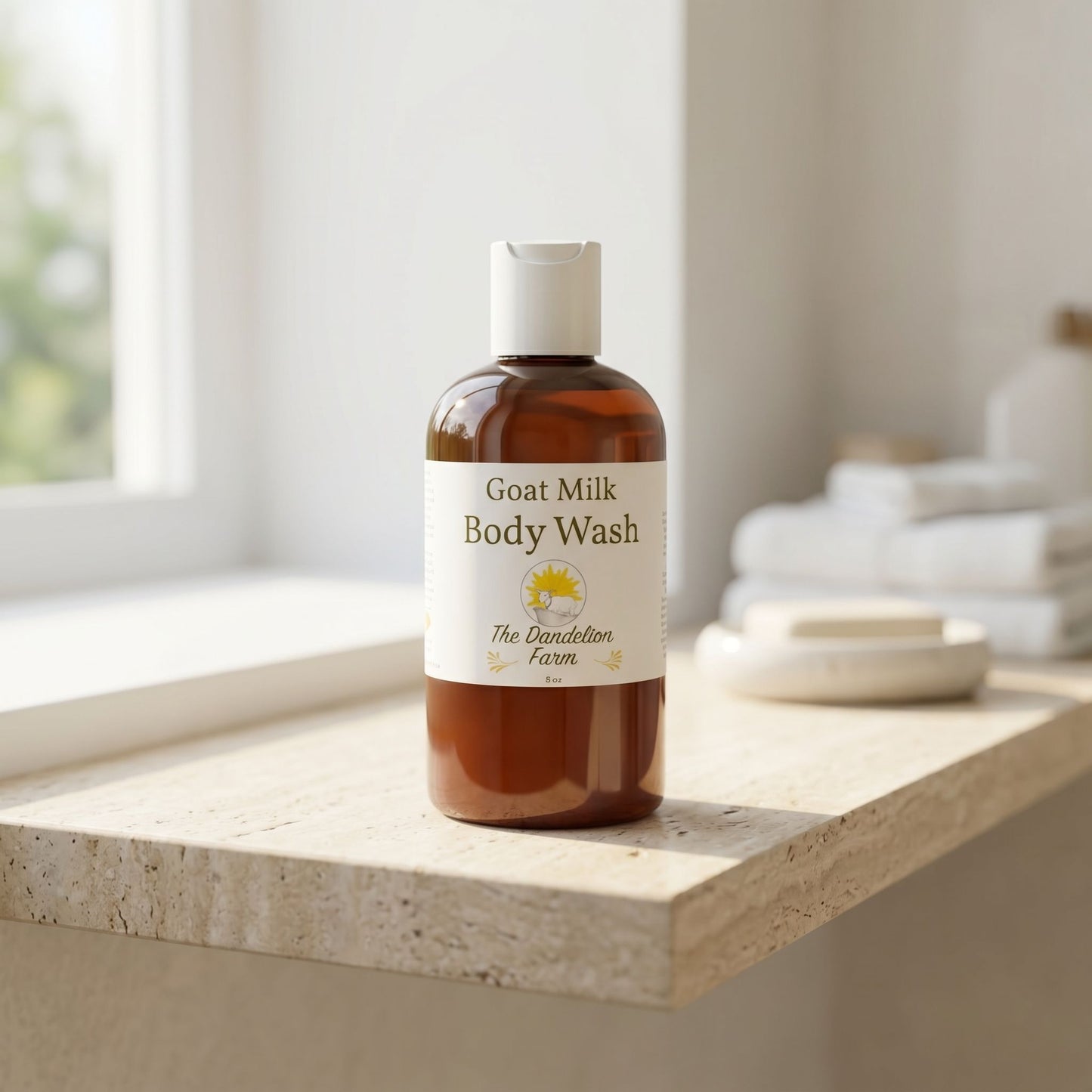 Full-body view of goats milk body wash on a sleek bathroom shelf with natural daylight highlighting the product's label and design.