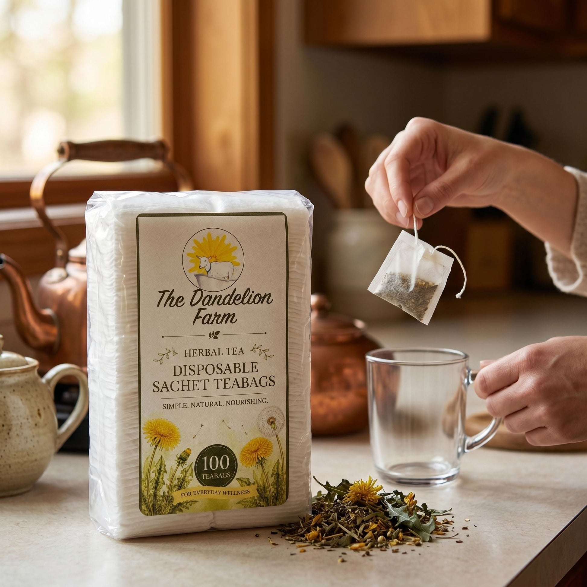 Full scene of a small sachet teabag standing on a rustic ceramic plate in a cozy tea setting with teapot and teacup in the background.
