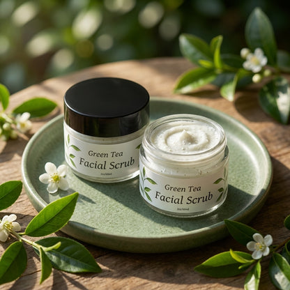 Artistic scene with Green Tea Facial Scrub on ceramic dish, accented by green leaves and botanical backdrop.