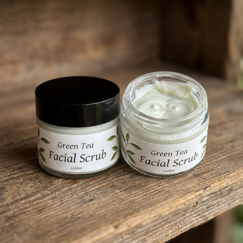 Close-up of Green Tea Facial Scrub highlighting biodegradable jojoba beads and creamy texture on a natural wooden surface.